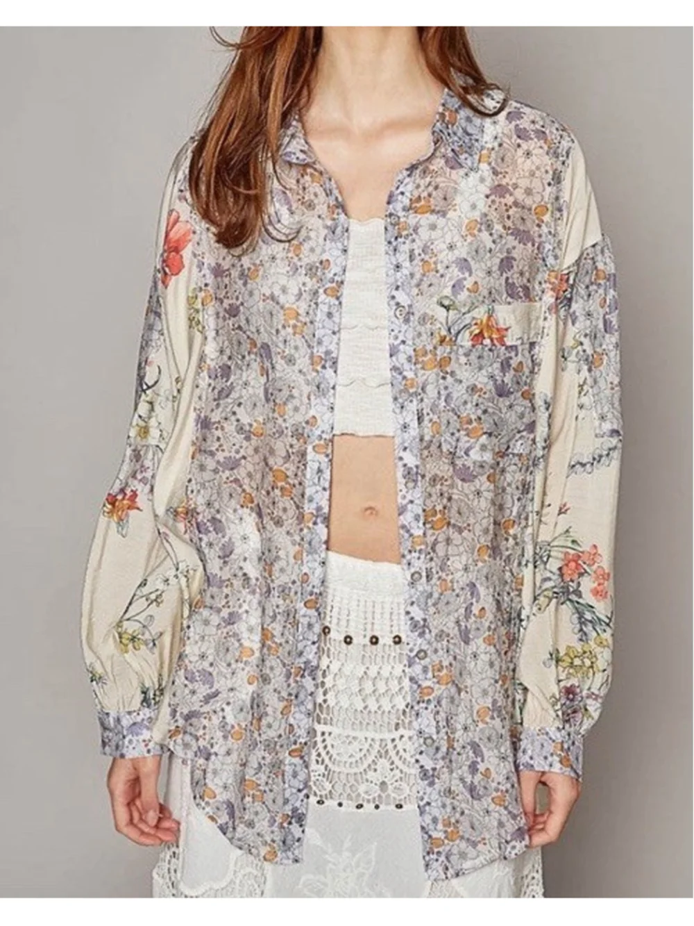 POL Floral Button Down Blouse M/L Boho Patchwork Shirt Lightweight Sheer Hi-Low - Picture 2 of 8
